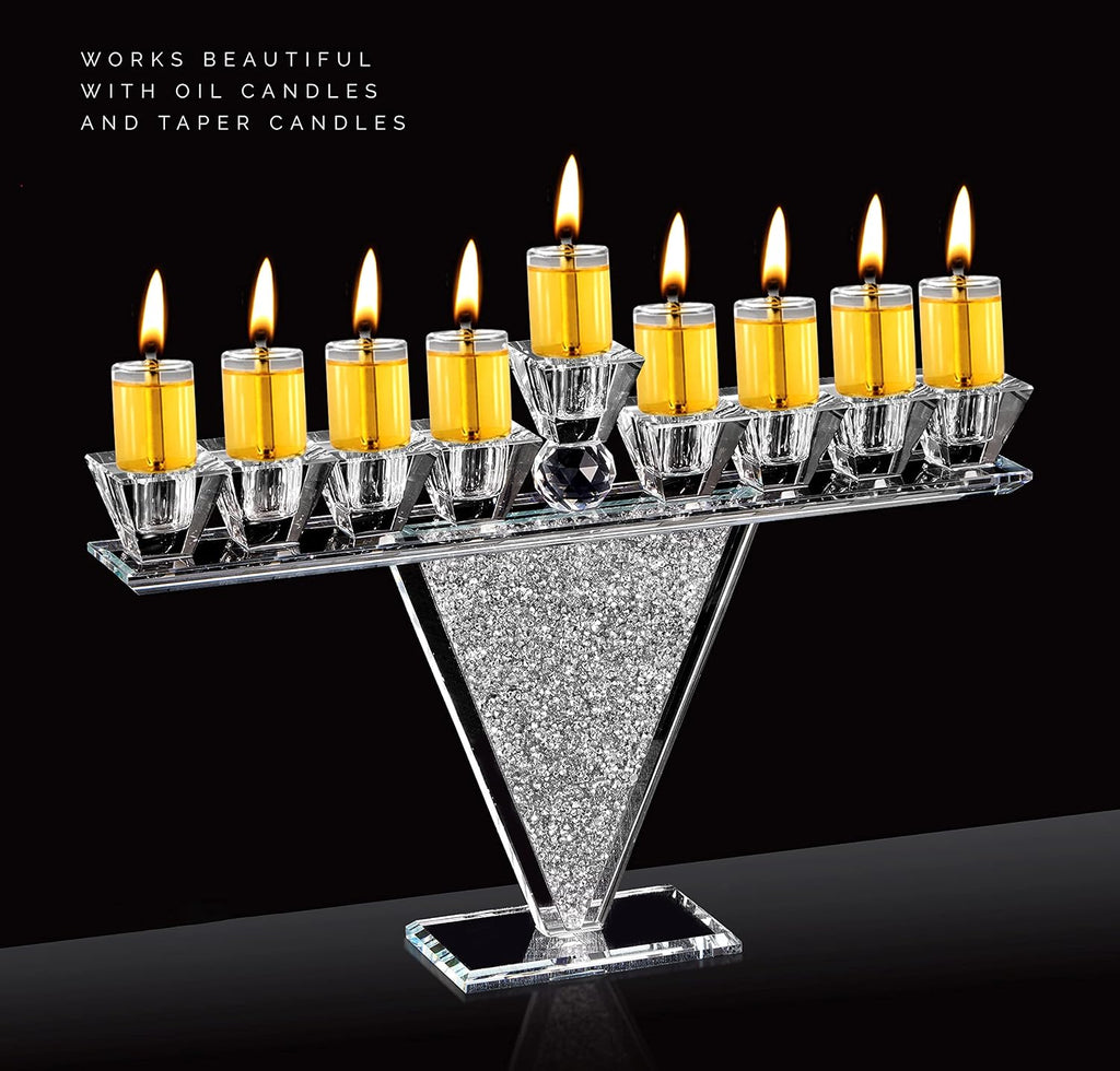 Crystal Glass Hanukkah , Modern Style Oil and Candle for Chanukah, Fits Standard Chanukah Oil Cups and Large Candles