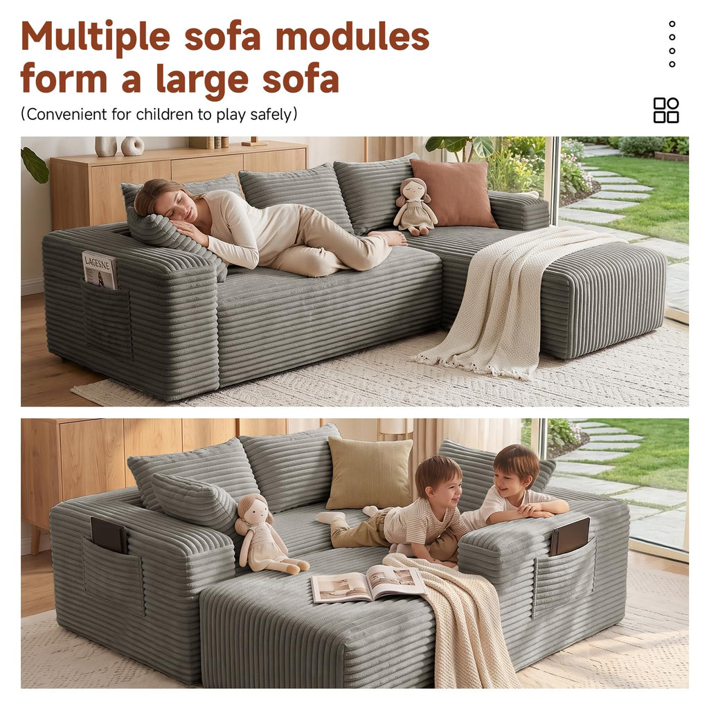 Couch ≈105inch, L-Shaped Sofa, Boneless Couch, with Chaise (Khaki)