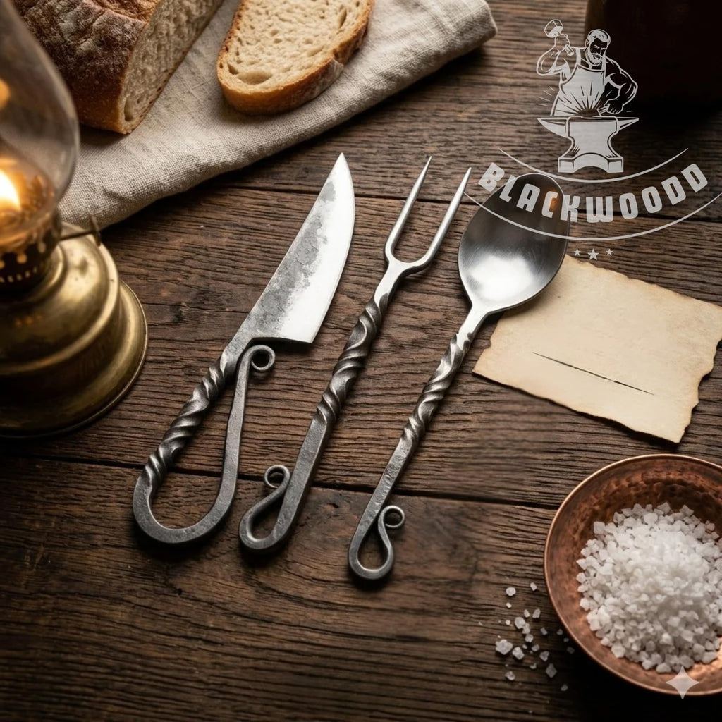 Hand Forged Medieval Cutlery Set - Viking Silverware Set with Leather Cover