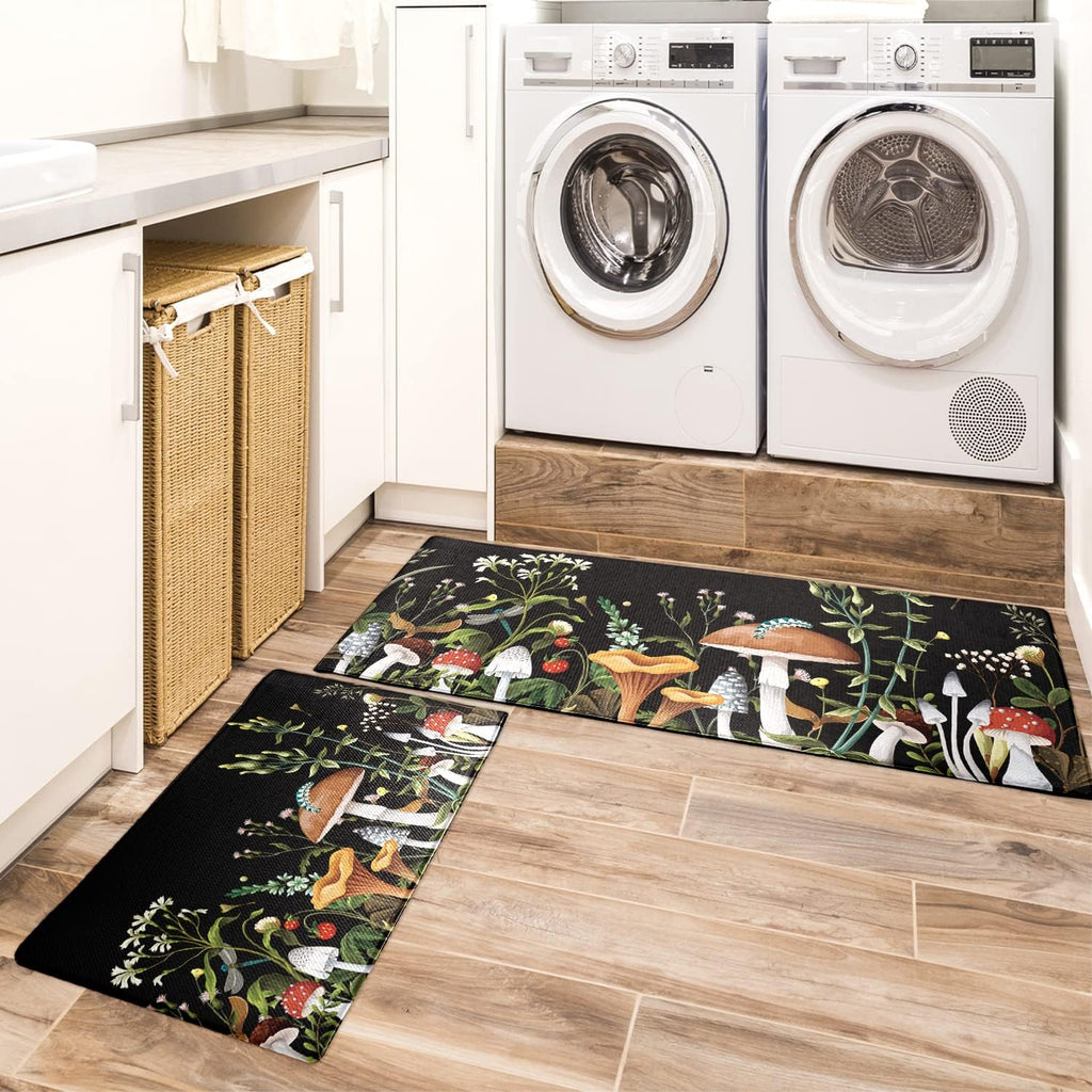Mushroom Kitchen Rugs and Mats Green Mushroom Kitchen Decor Anti Fatigue Kitchen Floor Mat Set of 2 Non-Skid Washable