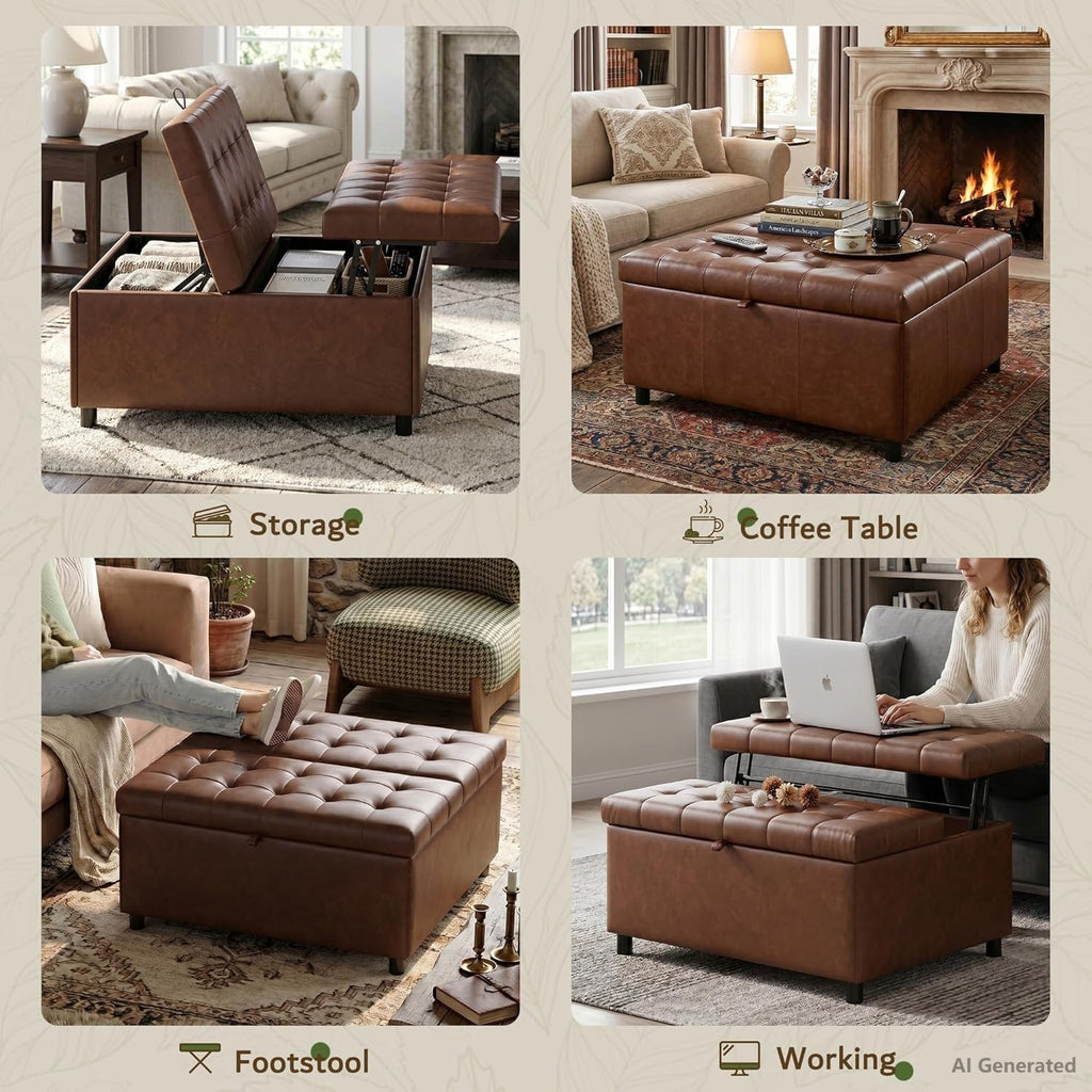 Brown Leather 36 Inch Extra Large Lift Top Living Room Storage Ottoman | Tufted Upholstered Shoe Storage Entry Bench