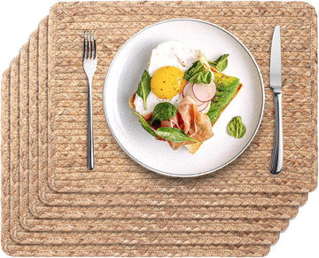 Woven Placemats Set of 6, 17" x 12" Rattan Table Mats, Natural Water Hyacinth Chargers for Dinner Plates, Wicker