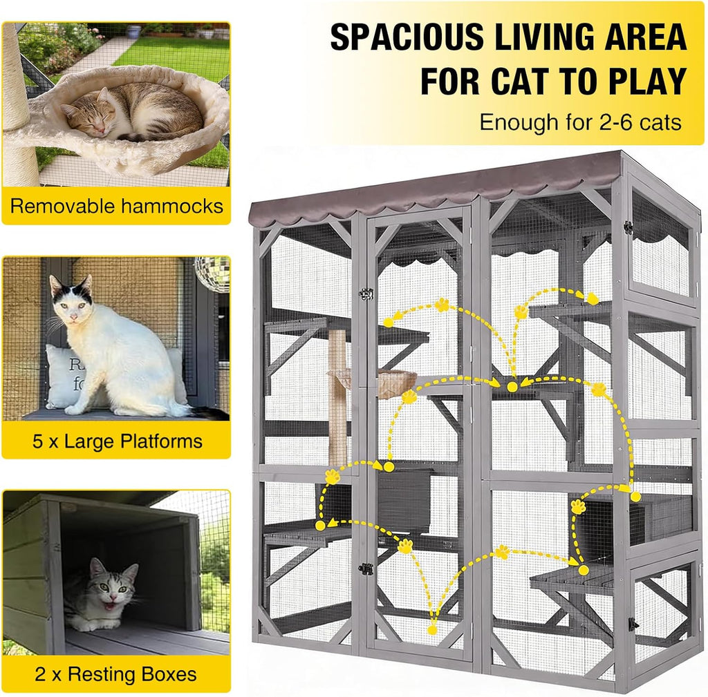 Cat House Window Outdoor Catio Cat Enclosures with 7 Platforms, 2 Resting Boxes Large Kitty House with Weatherproof