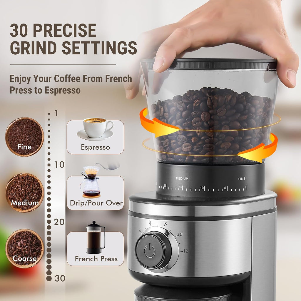 Conical Burr Coffee Grinder Electric, Coffee Grinder with 30 Grind Settings, Adjustable Burr Mill Grinder Use, 2-12