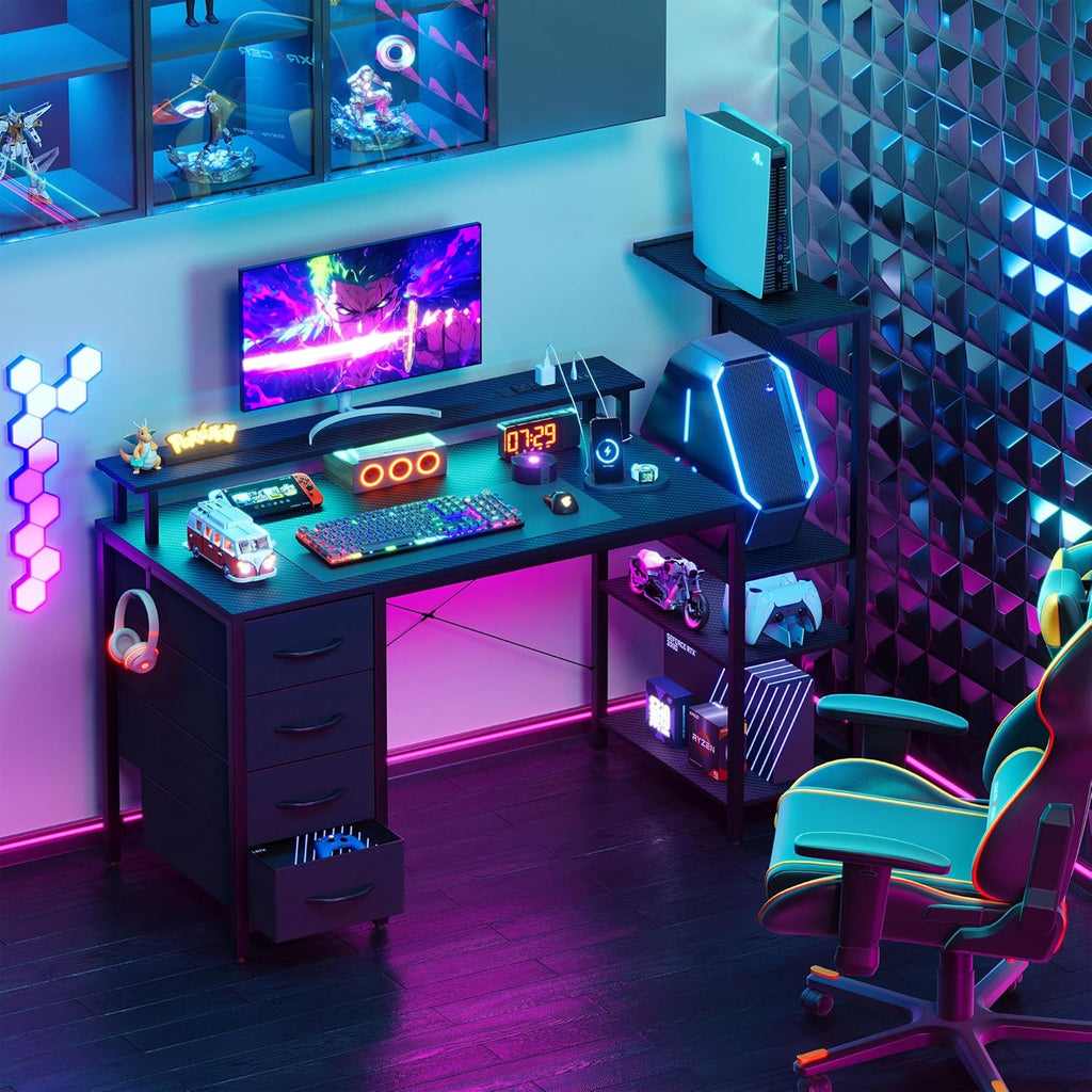 51 Inch Gaming Desk with Drawers & PC Tower Stand & LED Lights, Black | Reversible, Monitor Shelf, Power Outlets