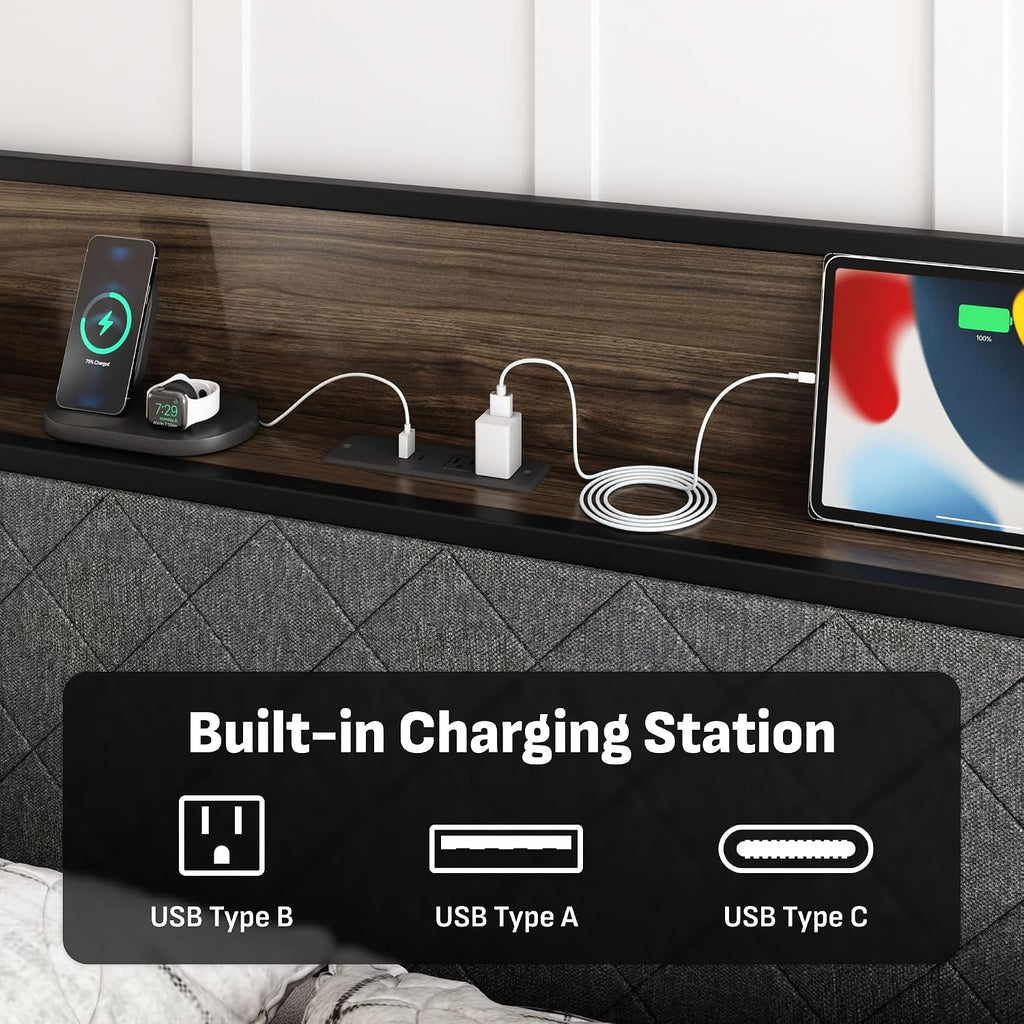 Queen Adjustable Bed Frame with Storage Headboard and Charging Station, Power Head Lift with 2 Footboard Drawers