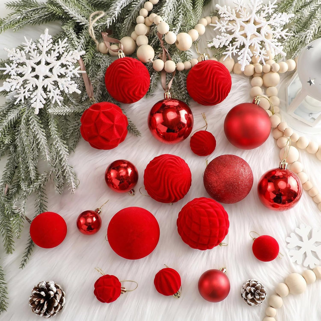 Red Velvet Christmas Balls Ornaments Set - Set of 56