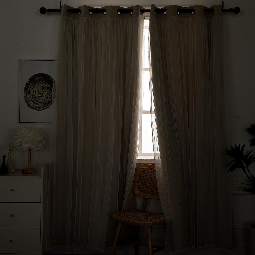 Blackout Curtains with Sheer Overlay, Beige, 52x84 Inches