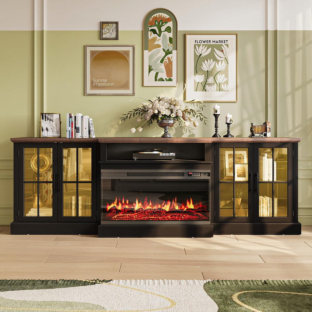98" Farmhouse TV Stand with Fireplace, Black & Black