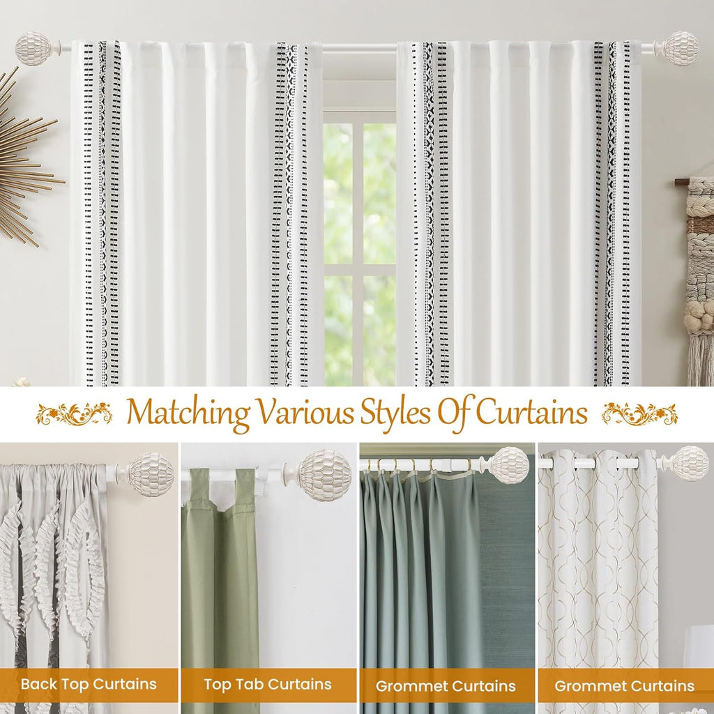 Vintage White Boho Curtain Rod for Windows, 1-inch Heavy-Duty Adjustable Curtain Rod with Decorative