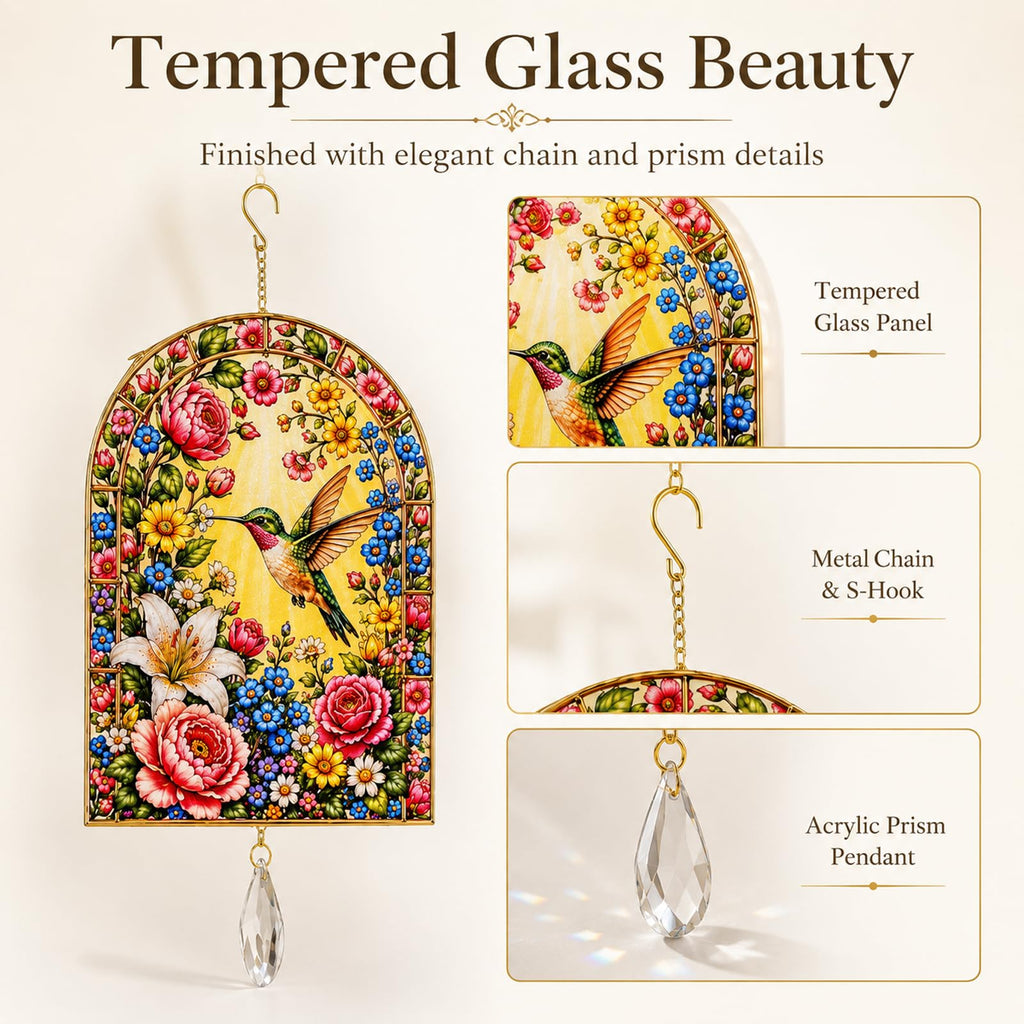 Hummingbird Suncatcher for Windows, Double Sided Tempered Glass Window Hanging, Floral Bird Stained Glass Style Sun