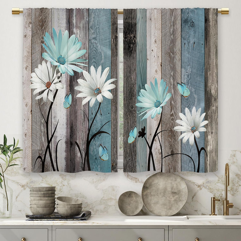 Teal Farmhouse Daisy Kitchen Curtains Wooden Flower Small Short Cafe Window Curtains Rustic Floral Butterfly Country