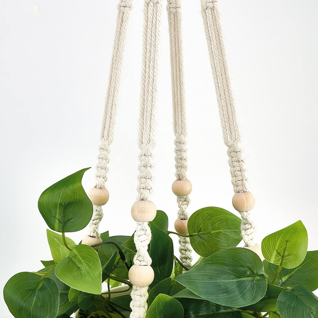 Fake Hanging Plant, Macrame Hanger with Pothos Vines & Pot, Ivory