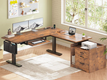 L Shaped Standing Desk with File Cabinet, 3 Drawers, Power Outlet