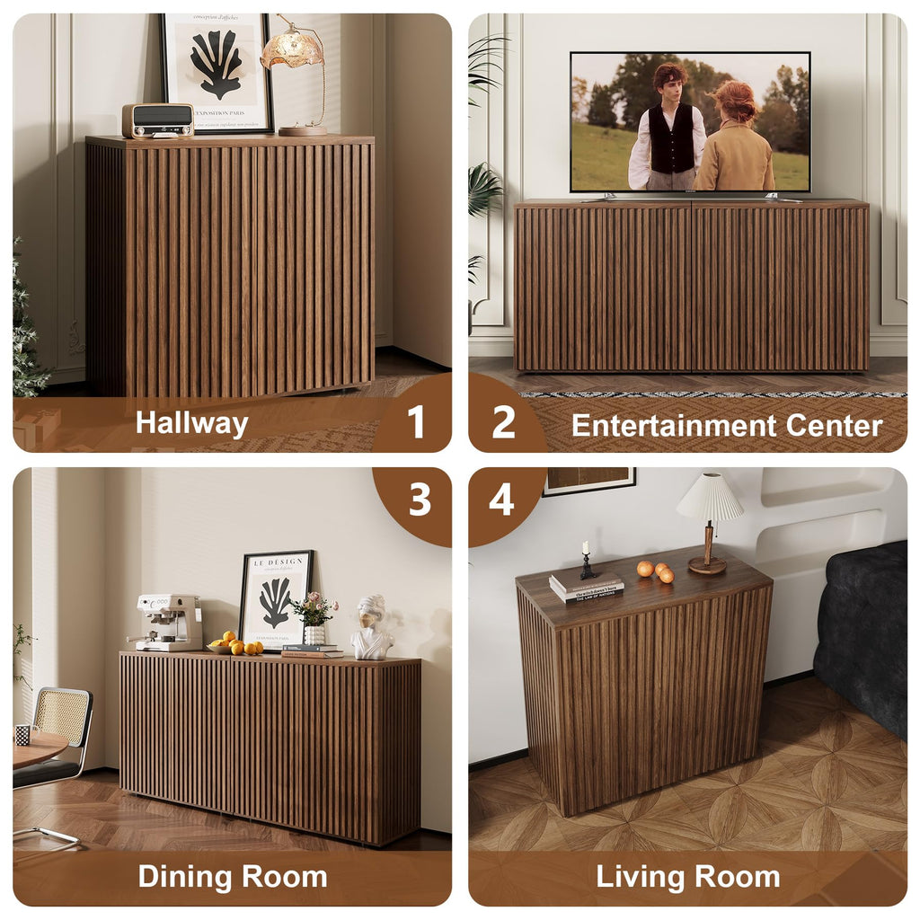 94.5" Fluted Sideboard Cabinet with Storage, Buffet Credenza, Walnut