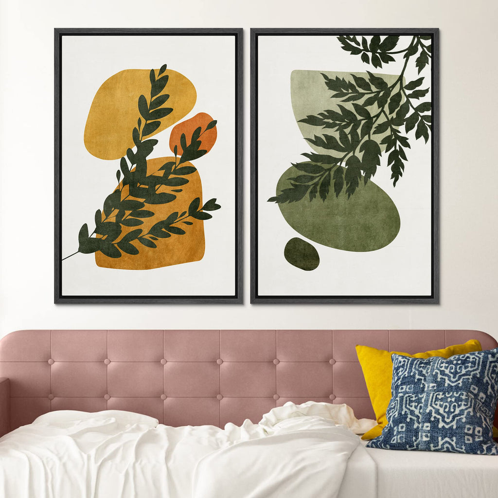 Framed Canvas Print Wall Art Set Mid-Century Forest Fern Leaf Collage Abstract Shapes Illustration Modern Art