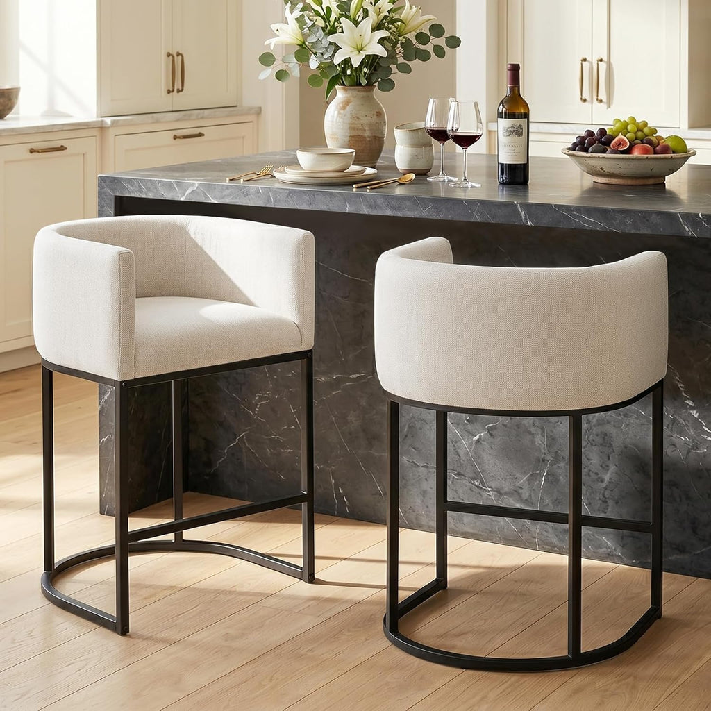 Counter Height Bar Stools Set of 2, 24 Inch Seat Height Barstools, Fabric Upholstered Bar Chair Island, Linen Counter