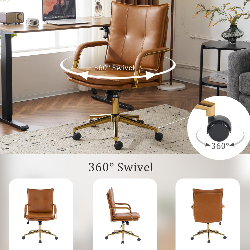 Office Chair, Mid-Back Ergonomic PU Leather Desk Chair, Mid Century Modern Office Chair, Swivel Comfy Upholstered