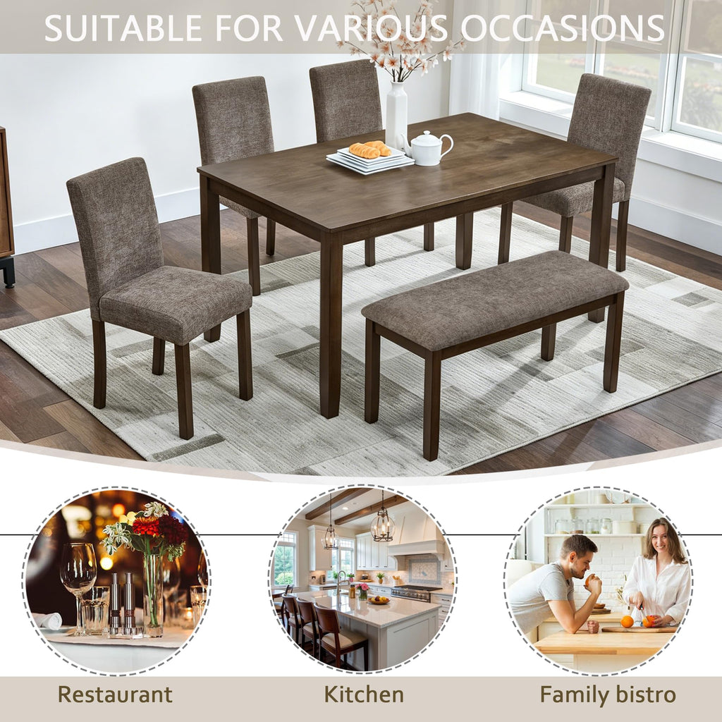 6-Person Farmhouse Dining Table Set, 58.5 Inch Wooden Kitchen Table with Bench and Chairs, Rubberwood & MDF