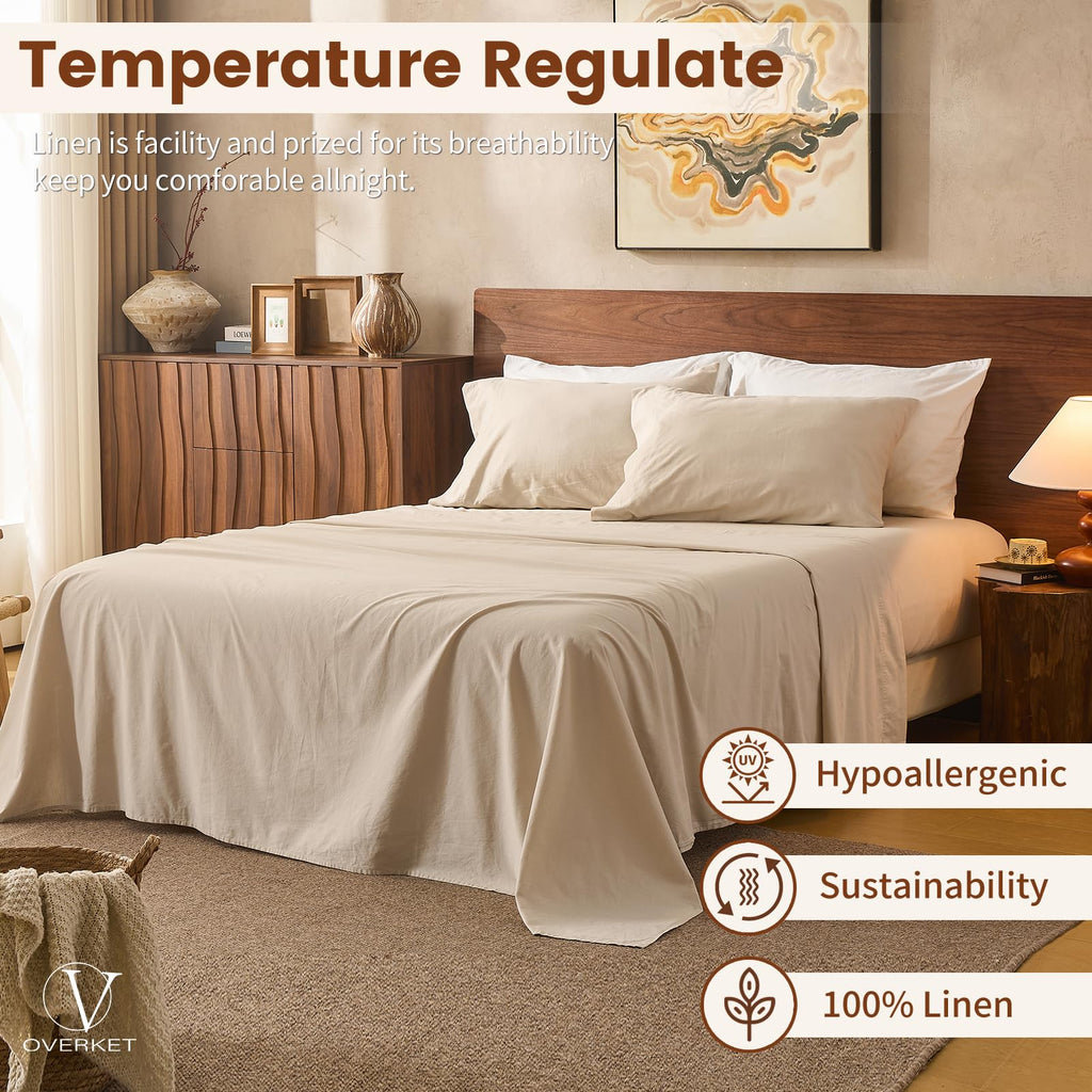 100% Linen Sheets, Breathable & Durable 4-Piece Bed Flax Sheet Set, Soft All-Season Bedding for Hot Sleepers