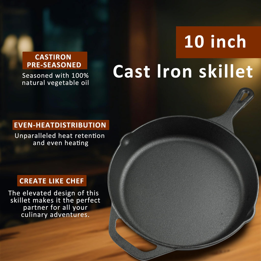 10 Inch Cast Iron Skillet, Pre-Seasoned Frying Pan for Oven, Stovetop, Grill & Campfire, Durable, Non-Toxic