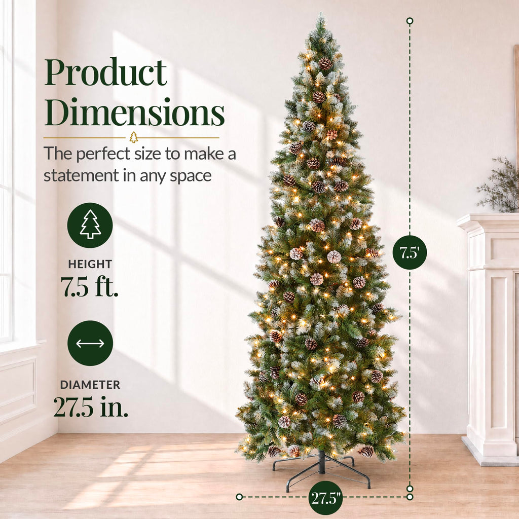 7.5ft Pre-lit Pencil Christmas Tree Pine w/Warm White Lights Partially Flocked Frosted Slim Holiday Decoration Skinny