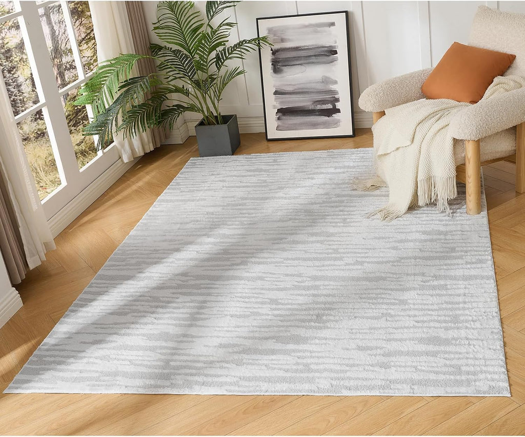 Textured High-Low Striped Area Rug Neutrel, Washable Cozy 6*8 feet