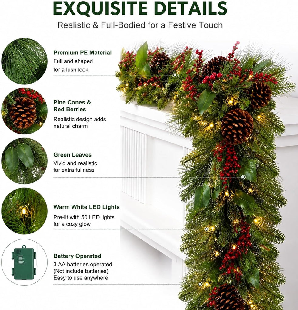 Lighted Christmas Garland 9Ft Operated Pinecone Berry Decor