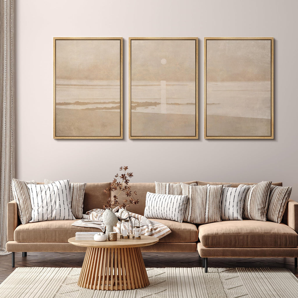 Framed Canvas Print Wall Art Set Muted Beige Minimalist Seascape Illustrations Modern Art Relax/Calm - 16"x24"x3