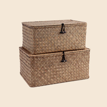 Wicker Storage Basket with Lid, Seagrass Shelf Basket Set of 2, Coffee
