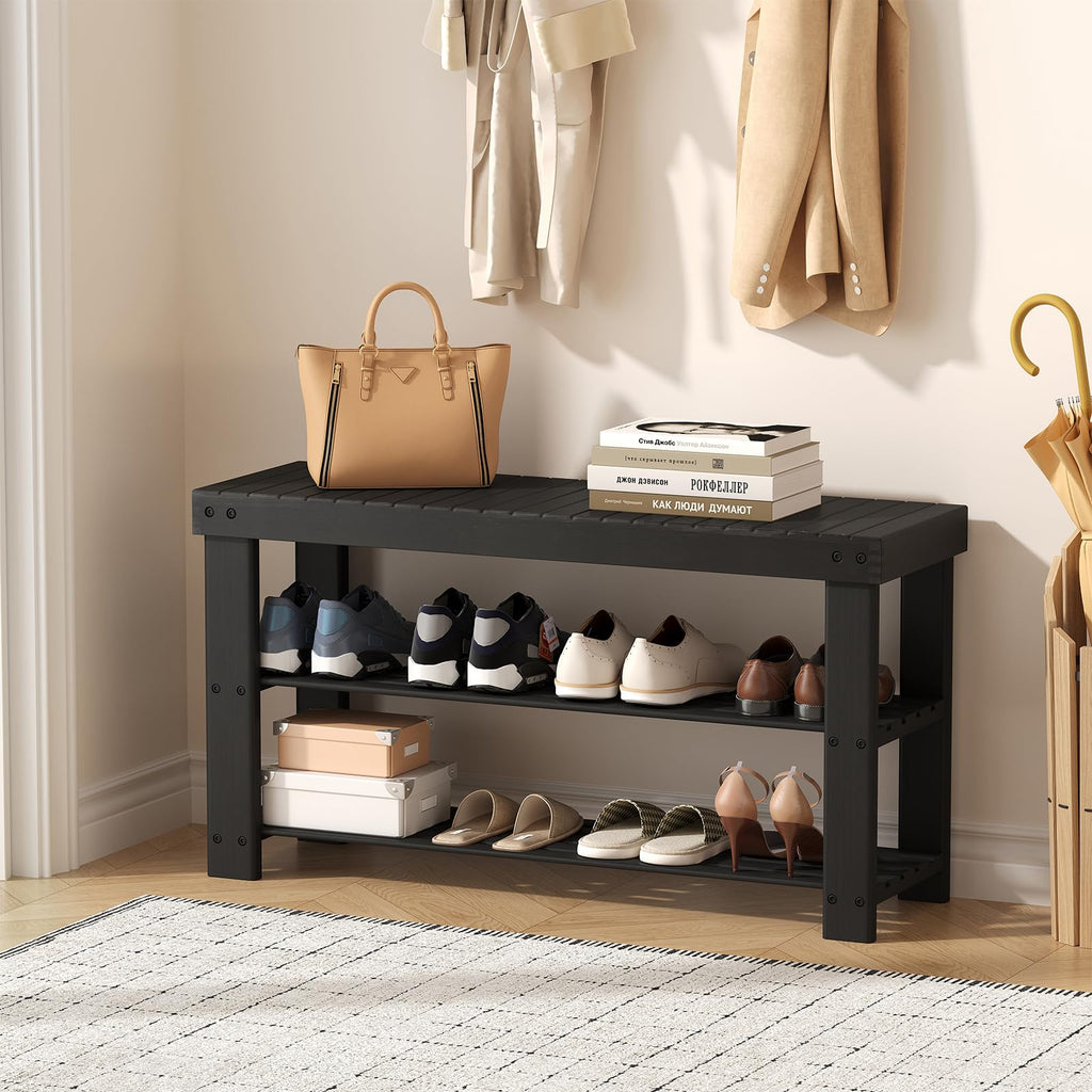 Shoe Rack Bench, 3-Tier Bamboo Organizer, 11x36x18in, Black