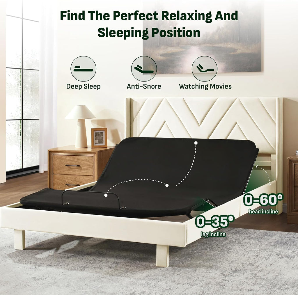 Queen All-in-One Adjustable Bed Frame with Upholstered Bed Frame Headboard, Electric Bed with Remote Control