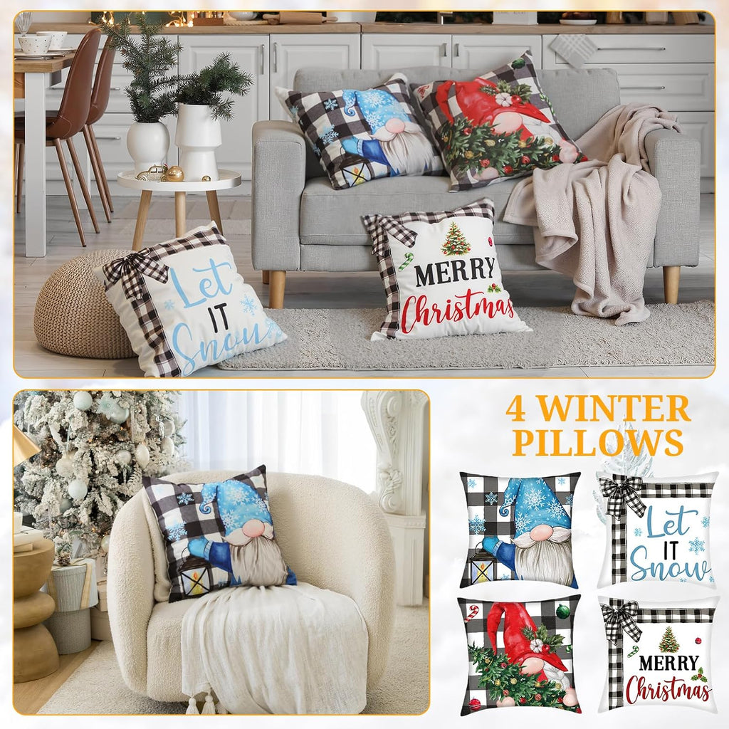 Winter Pillow Covers 18 x 18 Inch Holiday Gnome Throw Pillow Covers Winter Christmas Seasonal Pillowcases - Set of 16