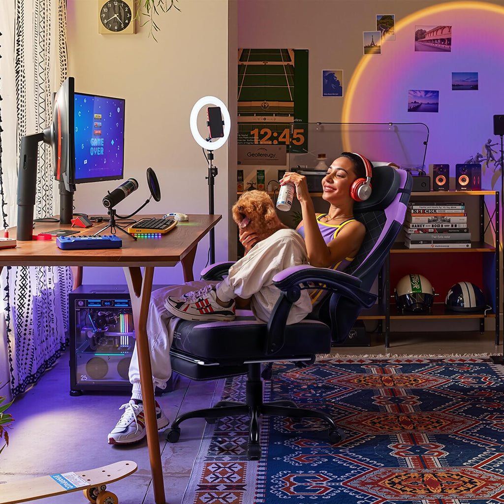 Gaming Chair with Footrest, Ergonomic Gamer Chair for Adults, Racing Style Reclining Computer Game Chair with Headrest