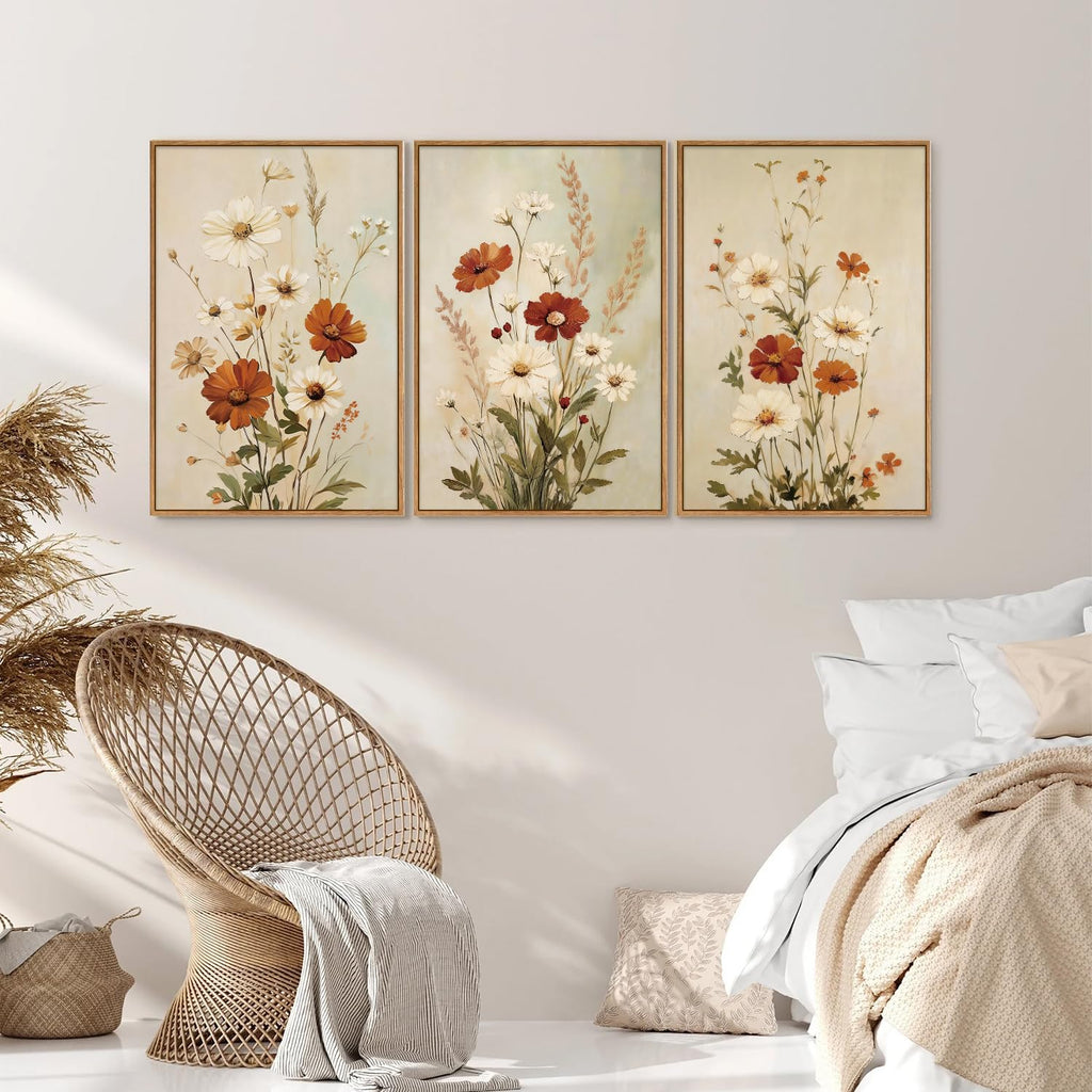 Retro Floral Framed Canvas Wall Art Set, Rustic Red and White Flowers Wall Decor, Vintage Watercolor Wildflower
