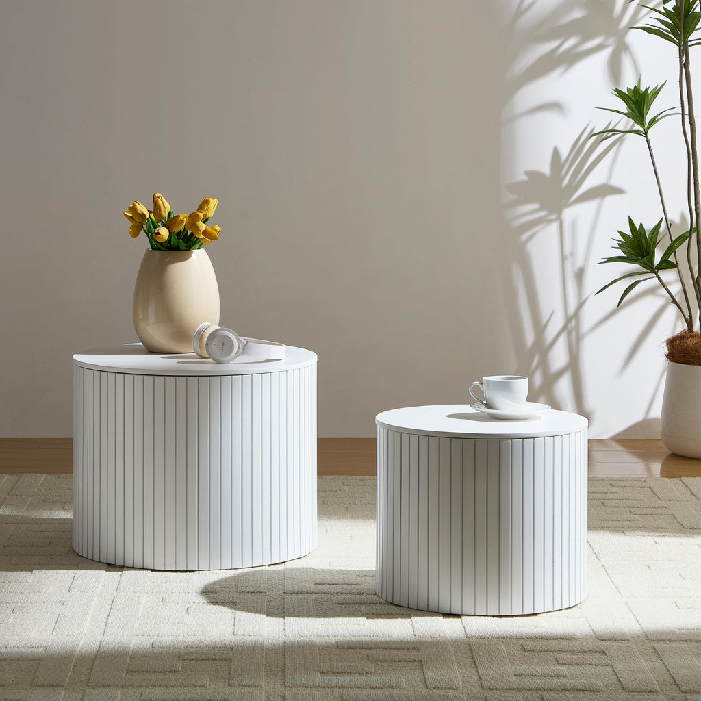 Round Coffee Set of 2, Wood Small Nesting Tables with Storage, Circle Side, Modern Accent End with Moveable Lid