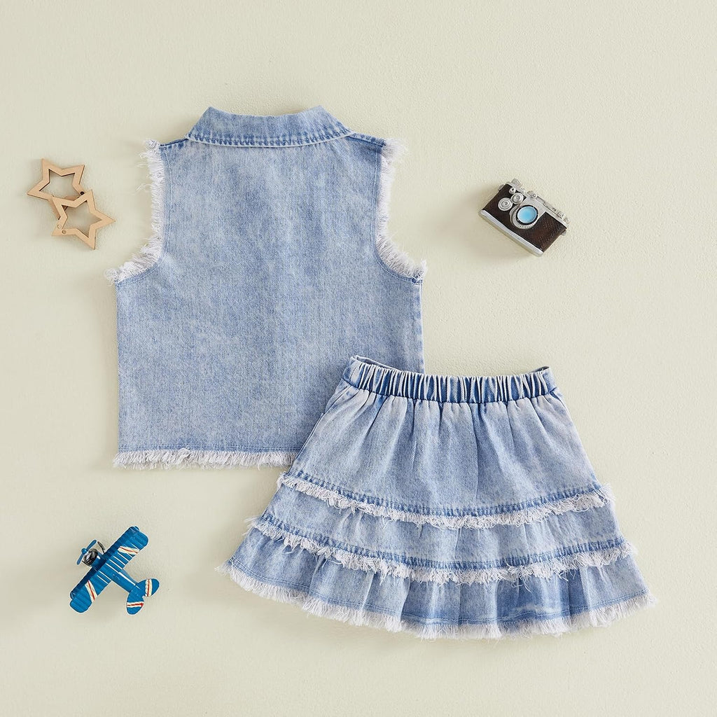 Denim Skirt Set Toddler Girl Jean Jacket Button Down Top and Ripped Jean Skirt Western Clothes Cowgirl Outfit