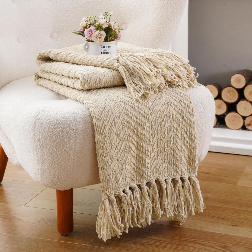 Beige Throw Blanket for Couch, Knitted Beige Throw for Bed, Neutral Throw Blankets Tan Throw Blanket for Room Decor
