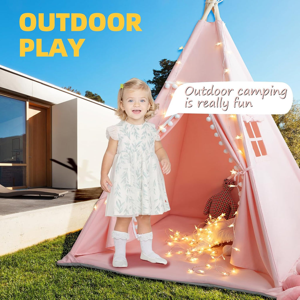 Teepee Tent for Kids with Mat, Star Lights, Carry Case, Cotton Canvas Playhouse, Foldable Tents, Portable Children