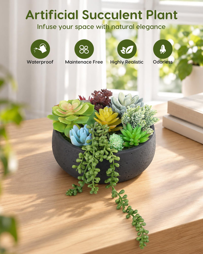 Artificial Succulents Plants with Black Ceramic Pot with Faux Moss, 7.4" Lifelike Fake Succulent Arrangement with