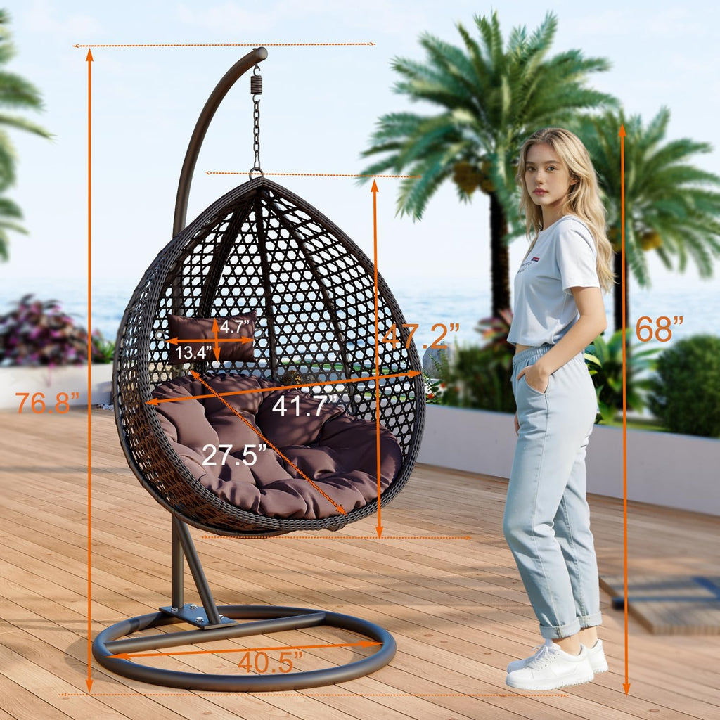 Egg Swing Chair Outdoor with Stand, Indoor Hanging Egg Chair | Rattan Basket Chair with Cushion and Pillow, Foldable