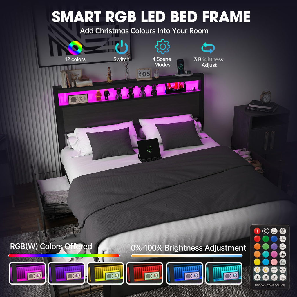 Bed Frame with 2-Tier Storage Headboard and 4 Drawers, Metal Platform Bed Frame with LED & Charging Station, No