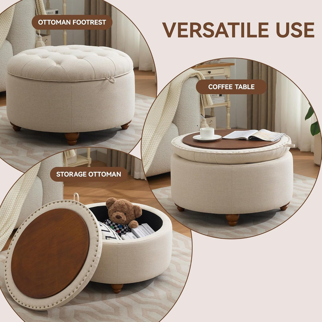 30Inch Round Storage Ottoman with Tray, Modern Tufted Fabric Circle Coffee Table with Storage, Upholstered Ottoman