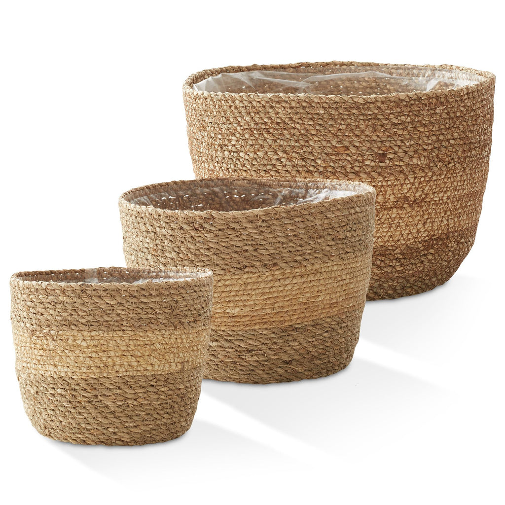 Set of 3 Seagrass Planter Baskets with Liners - Two-Tone, Hand Woven Indoor Flower Pot Covers for Plants, Succulents