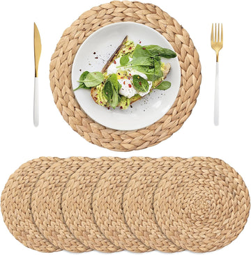 11.8" Woven Placemats, Natural Hand-Woven Water Hyacinth Placemats, Round Braided Rattan Tablemats for Dining - Set of 6