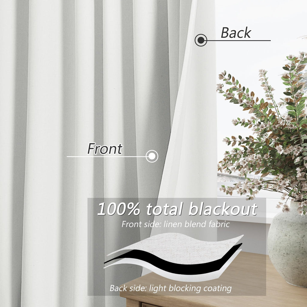 Extra Long 100% Blackout White Linen Curtains 116 Inches