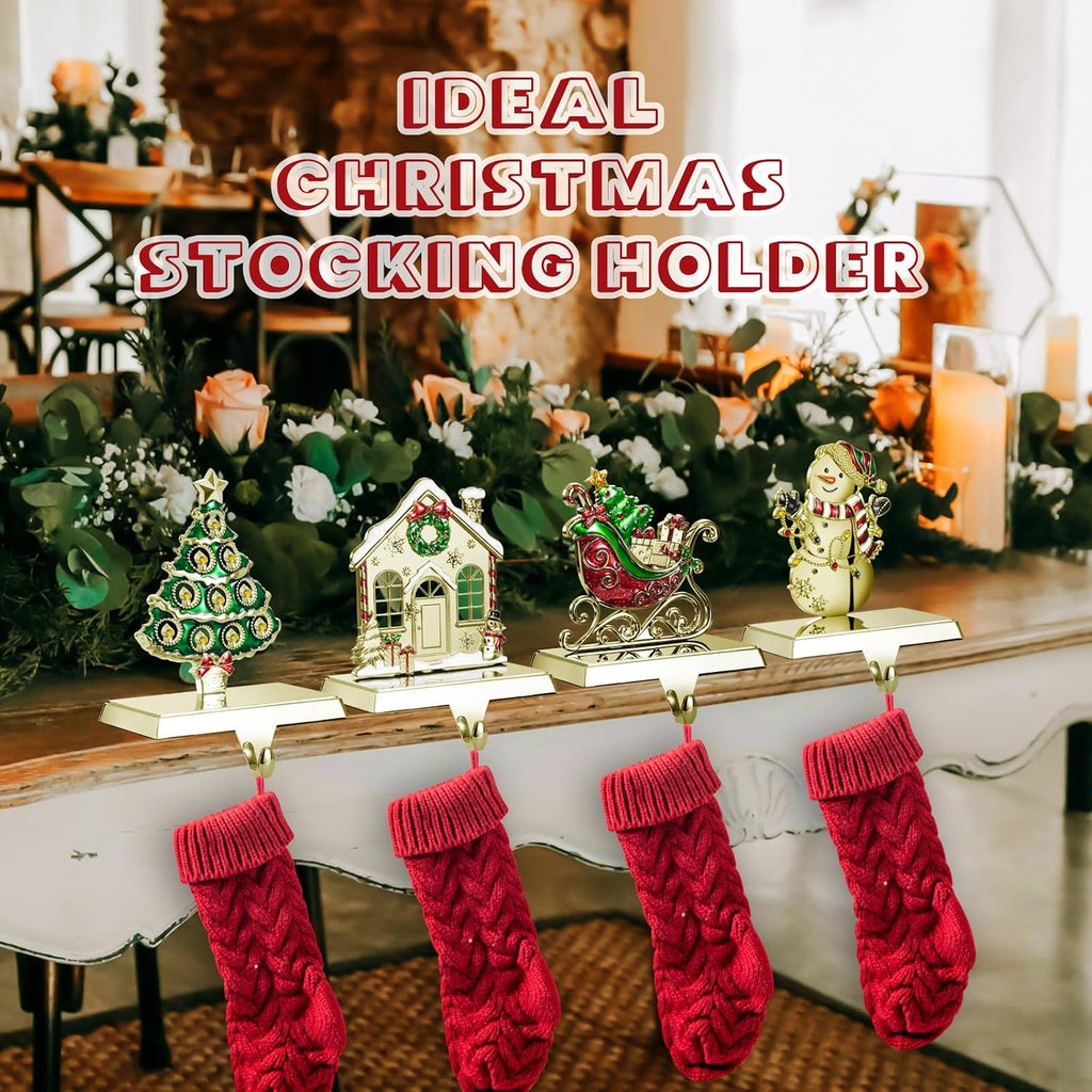 4 Pack Christmas Stocking Holder Set for Mantle Christmas Decorations Mantle Fireplace Topper-House, Sleigh,Snowman