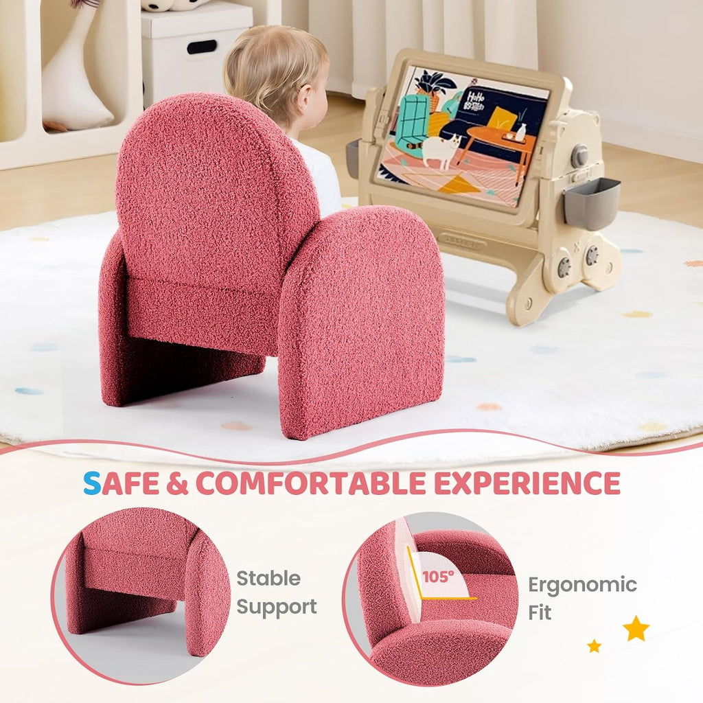 Kids Sofa, Toddler Armchair with Full Teddy Fleece Coverage, Ultra-Soft & Plush, Sturdy Base for Boys and Girls, Red