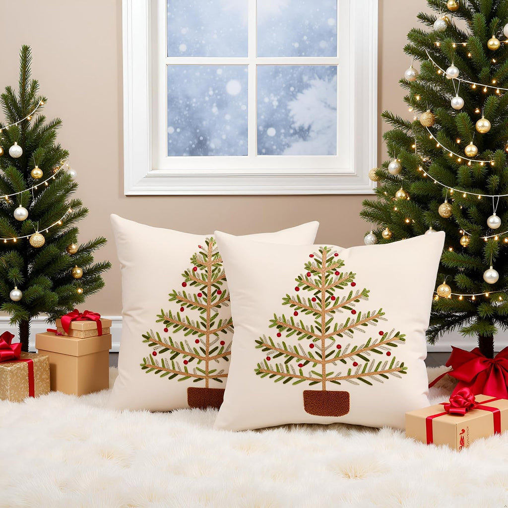 Christmas Pillow Covers 18x18 inch Green Xmas Tree - Set of 2