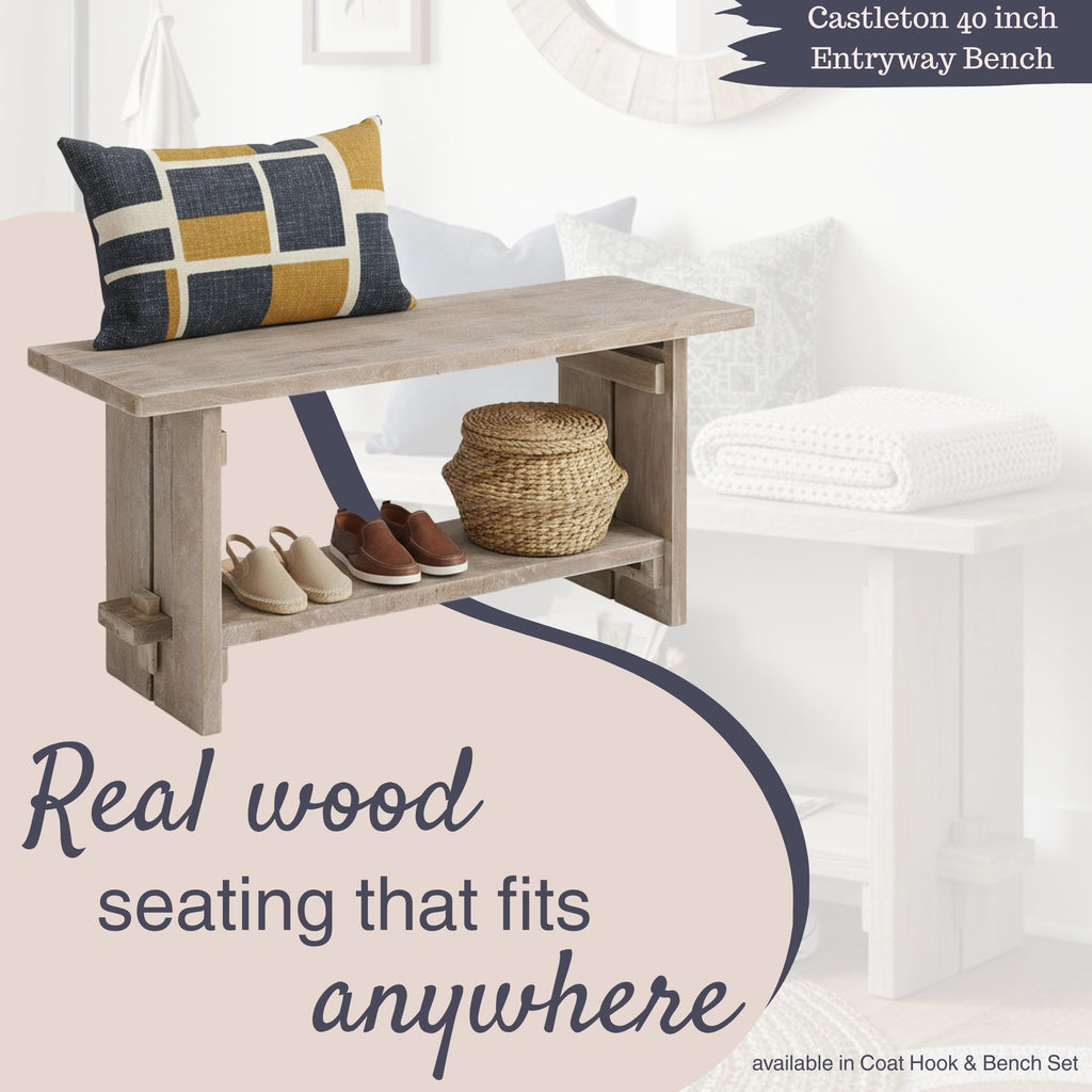 Bethel Rustic Solid Wood Entryway Bench with Shelf, Driftwood